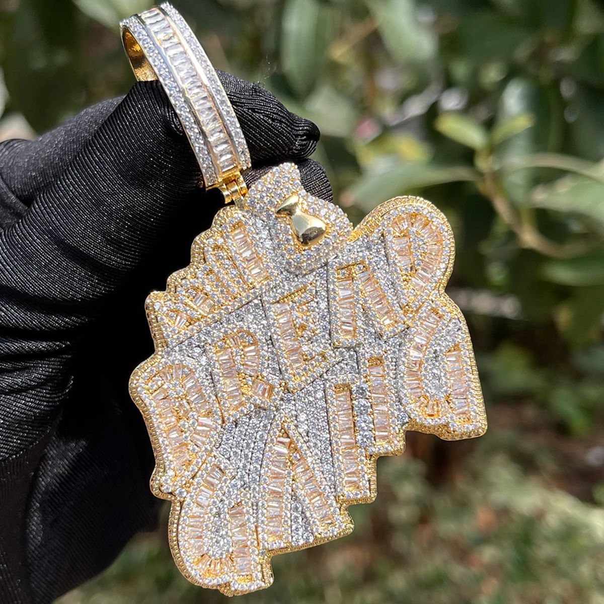Hip Hop BREAD GANG Letters Pendant Necklace 5A Zircon Gold Plating Mens Jewelry