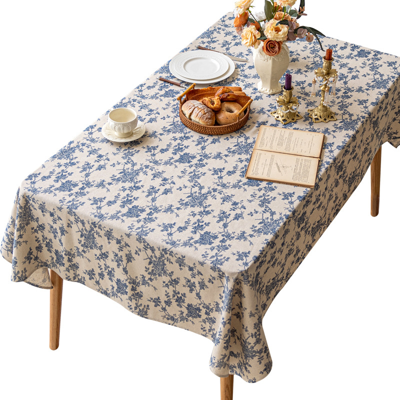 B399 cotton and linen Nordic style blue floral tablecloth dormitory rectangular cover cloth retro pastoral table cloth photo background cloth