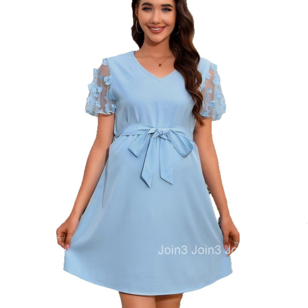 New Elegant Temperament Lace Flower Short Sleeved Patchwork Slim Fit Waist Belt V-neck Pregnant Woman