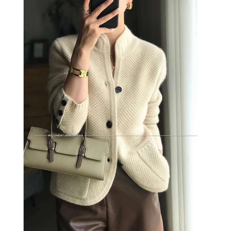 Autumn winter new thickened 100% pure cashmere cardigan women stand neck loose knit base sweater jacket