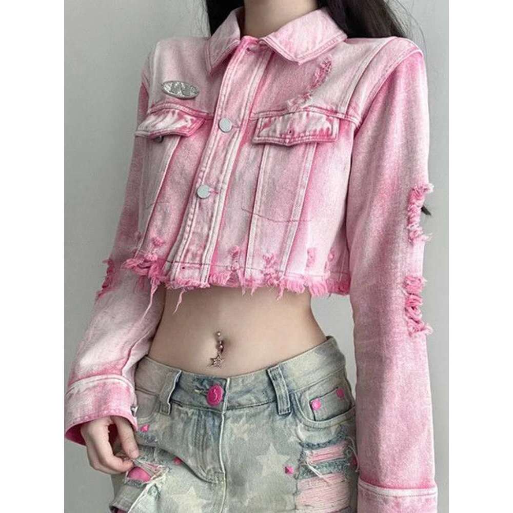 hoodie hoodie hoodie Zoki Sexy Cropped Hole Denim Jackets Women Streetwear Vintage Slim Y2K Jean Coats American Long Sleeve Female Haruku Pink Tops ja