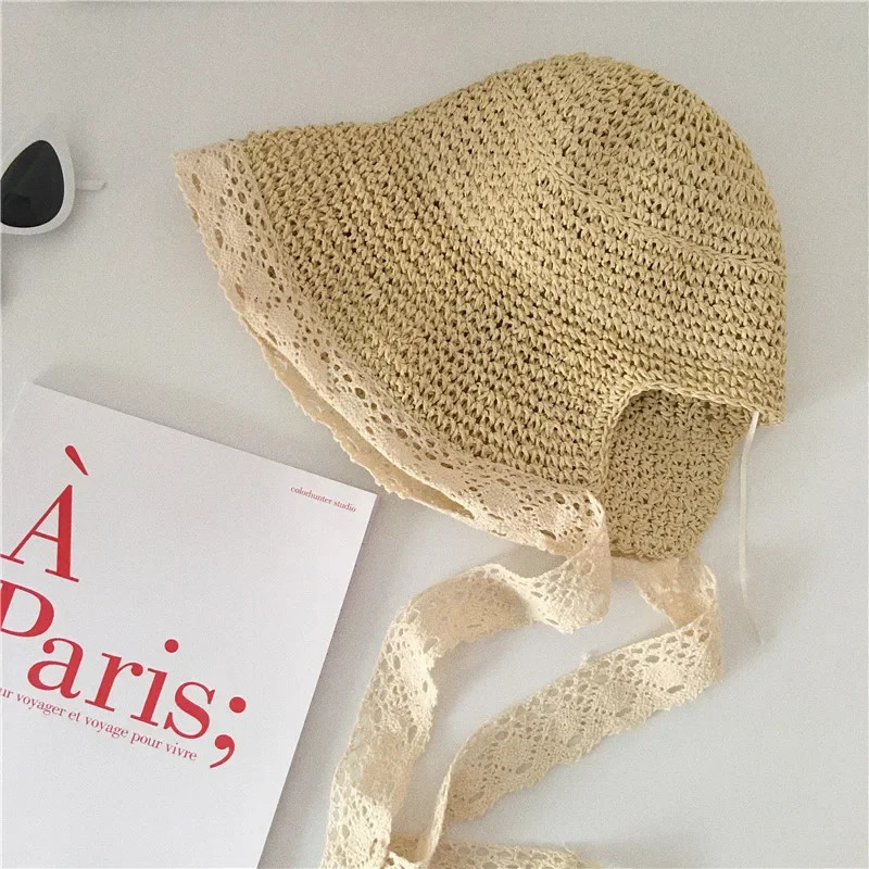 Womens Summer Straw Panama Hat with Lace Ribbon Ponytail Hole AntiUV Wide Brim Sunshade for Beach Travel Outdoor Fashion 250517