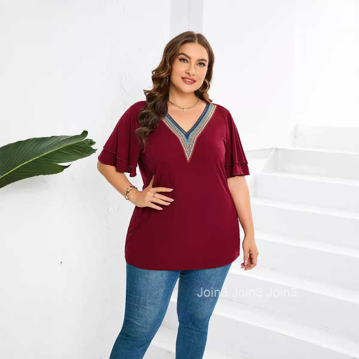 Spring/summer New Lace V-neck Solid T-shirt Top