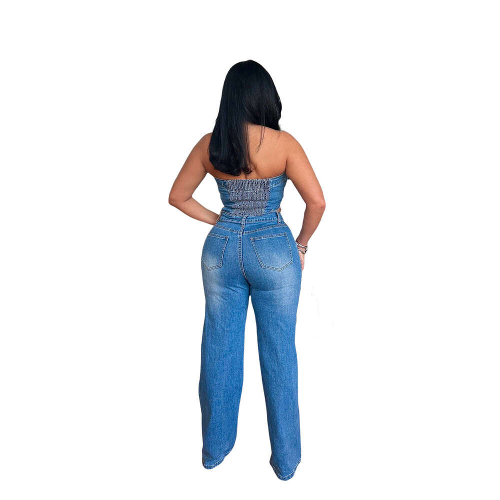 Wide Leg Jumpsuit Women S Strapless One Shoulder Slim Fit Straight Wide Leg Denim Jumpsuit