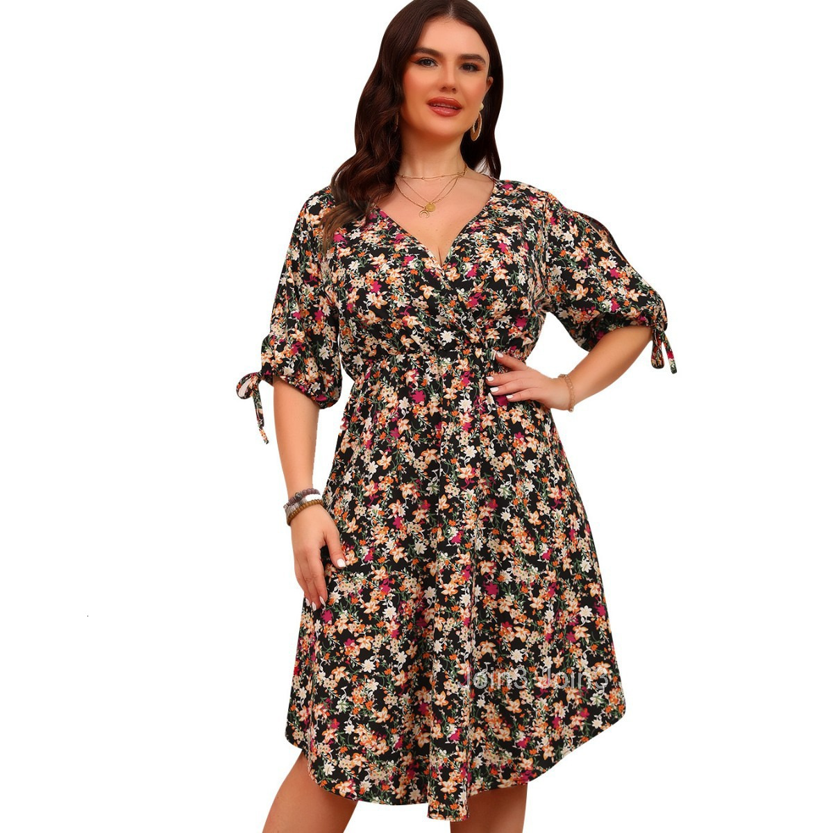 Large Size Elegant V-neck Waist Cinched Patchwork Floral Dress
