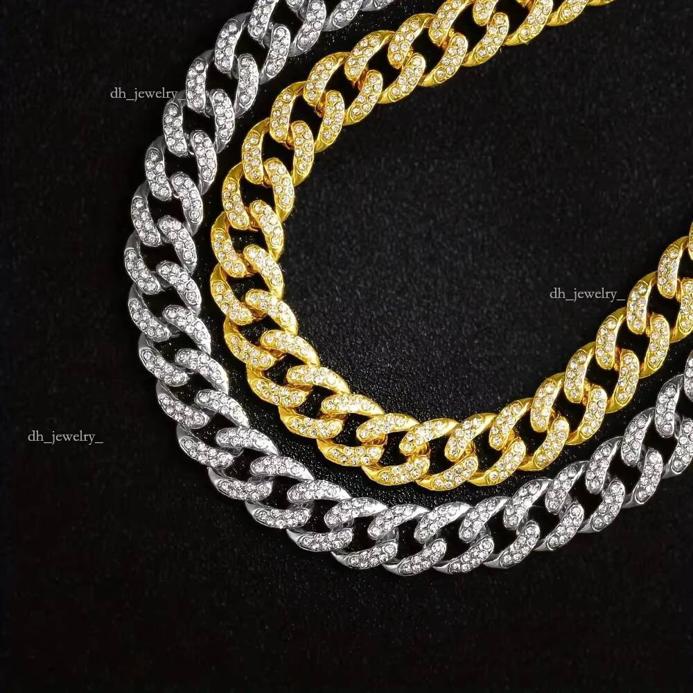 10MM Width Fashion Full Rhinestone Cuban Chain Necklace Bracelet Ice Out Jewelry Hip-hop Accessories