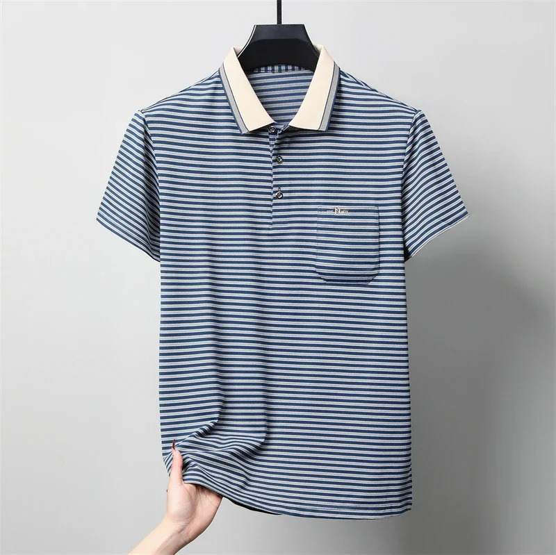 Mens Casual and Fashionable Striped Short Sleeved Polo Shirt Summer Comfortable Sweat Absorbing Breathable Versatile Top y250506