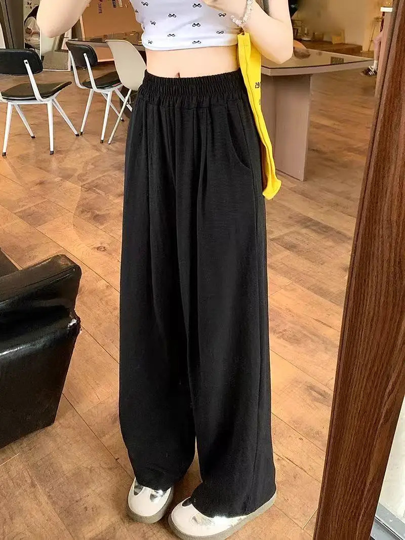 2025 Women Fashion Summer Wide Leg Pants Pleated Ice Silk Trousers Elastic Waist Loose Casual Pants 250517