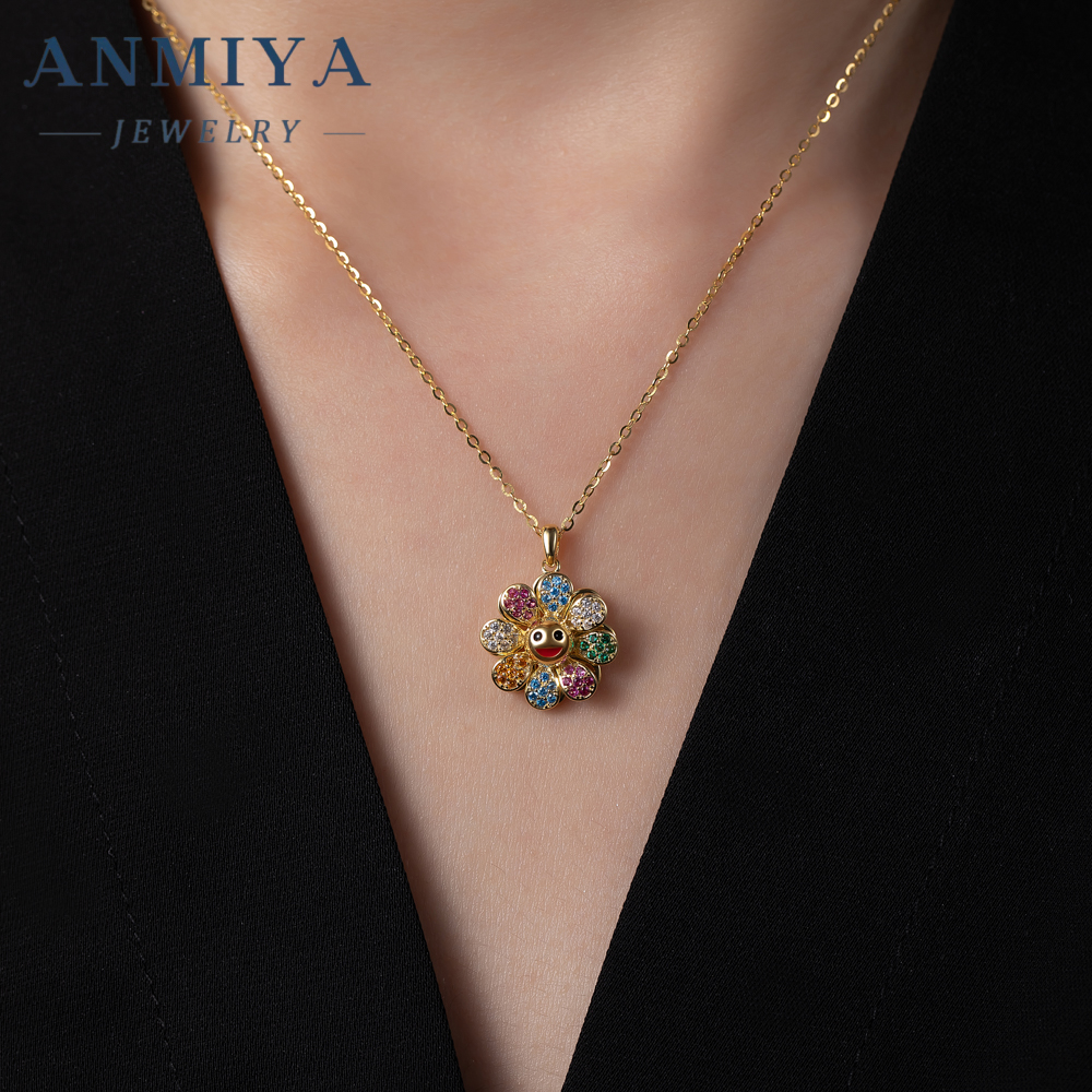 Takashi Murakami Diamond-encrusted Sun flower Pendant 925 Silver necklace Trendy hip hop glitter pink rotatable collars