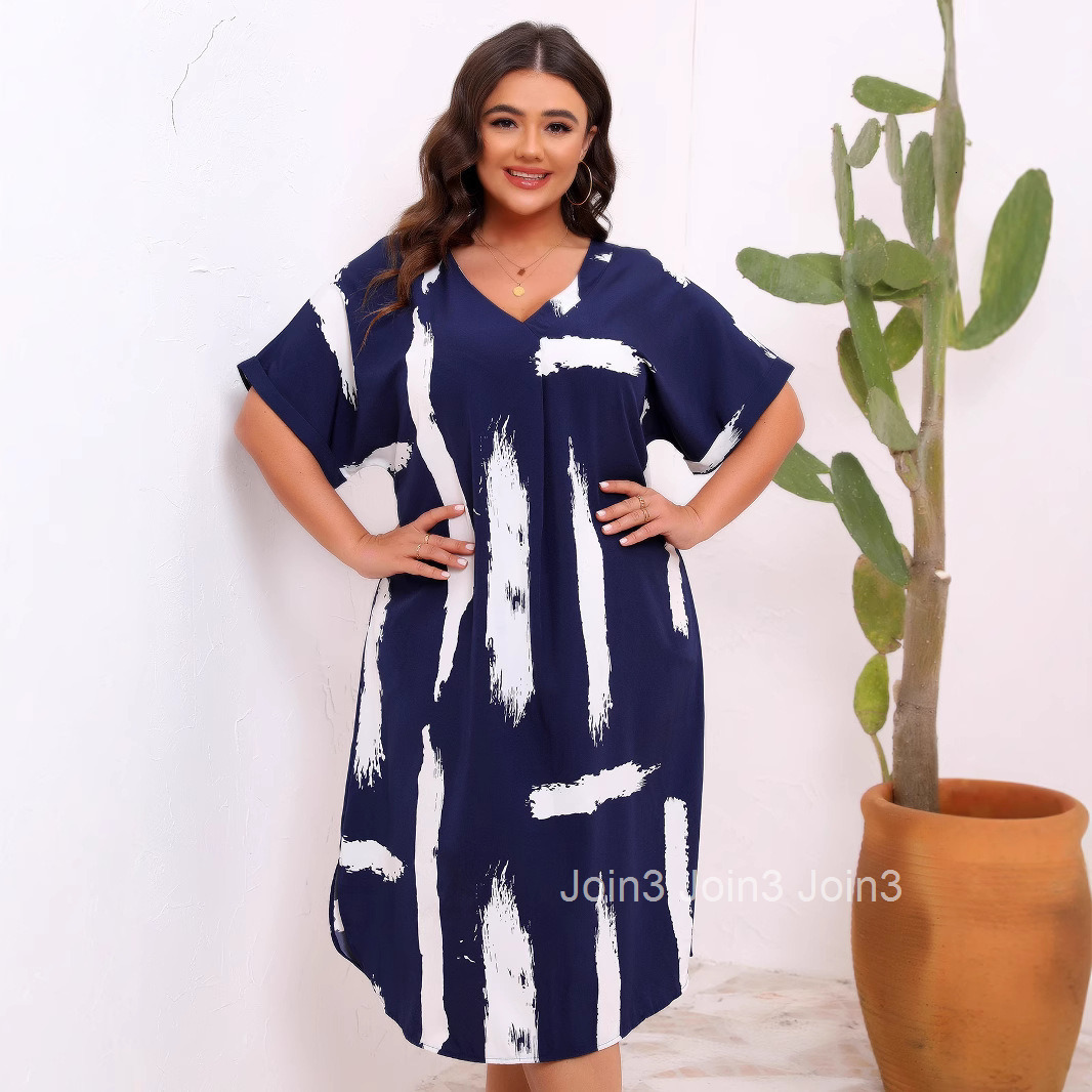 Large Size Womens Long Skirt V-neck Short Sleeved Printed Loose Dress