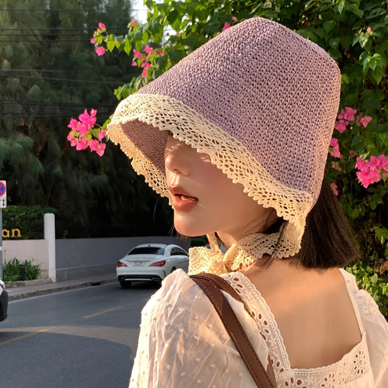 Ins Gentle Purple Lace Strap Straw Hats for Women Summer Travel Versatile Japanese Retro Fresh Sun Protection Beach Bucket Caps 250516