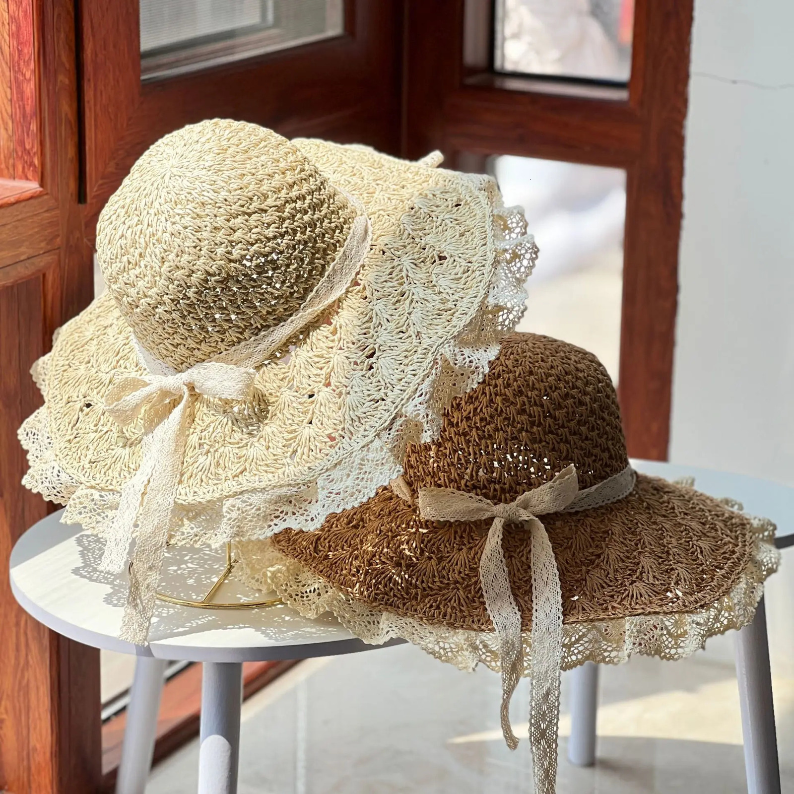 Straw Hat For Women Summer Handmade Weave Hollow Lace Up Anti-UV Beach Cap Foldable Large Brim Panama Bucket Fashion Sun Hat 250516
