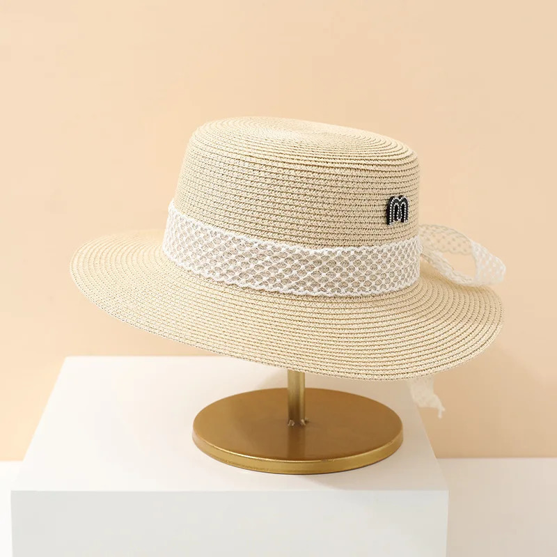 Womens Summer Pearl Embellished Black Straw Hat Spring Casual Fashion Plaid Visor with Strap Sun Protection Elegant Hat 250516