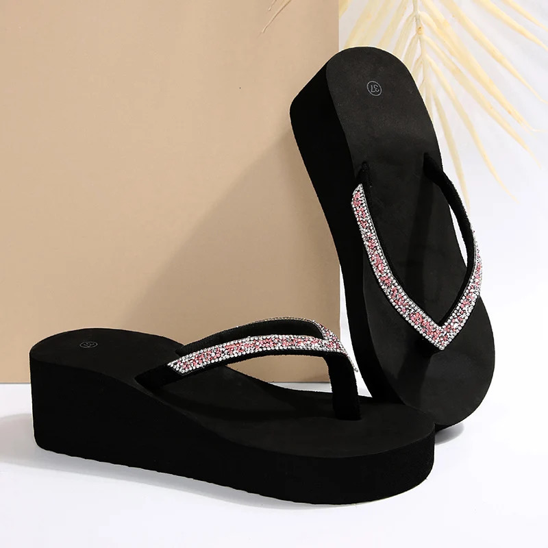 Thick Sole Rhinestone Beach Flip Flops for Women Summer Fashion Clip Toe Wedge Sandals Woman Lightweight Platform Slippers 36-42 250516