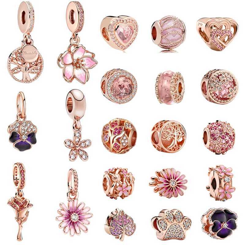 Rose Gold Plated Fit Original Europeans Silver 925 Bracelet Bead Sparkling Family TreeRose Flower Dangle Charm Bead DIY JewelryXJ250517