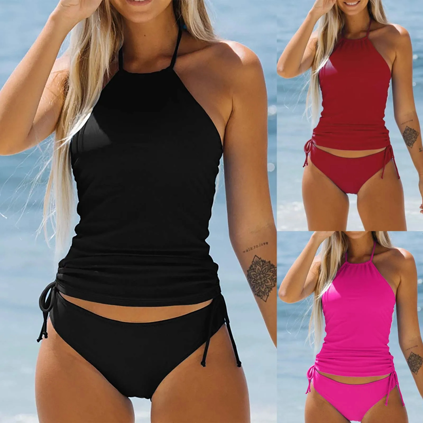 Summer Womens Swimsuit Neck Hanger Sleeveless Backless Crop Tops Solid Color Panties Bathing Suit Beachwear For Female 250516