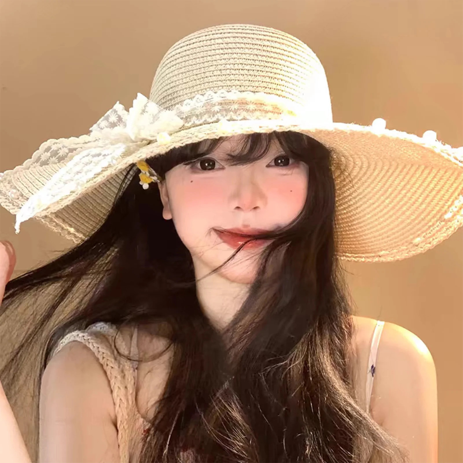 Wide Brim Summer Hat French Style Lace Straw Hat with Bowknot Elegant Women Straw Hat for Summer Beach Traveling Hiking 250516