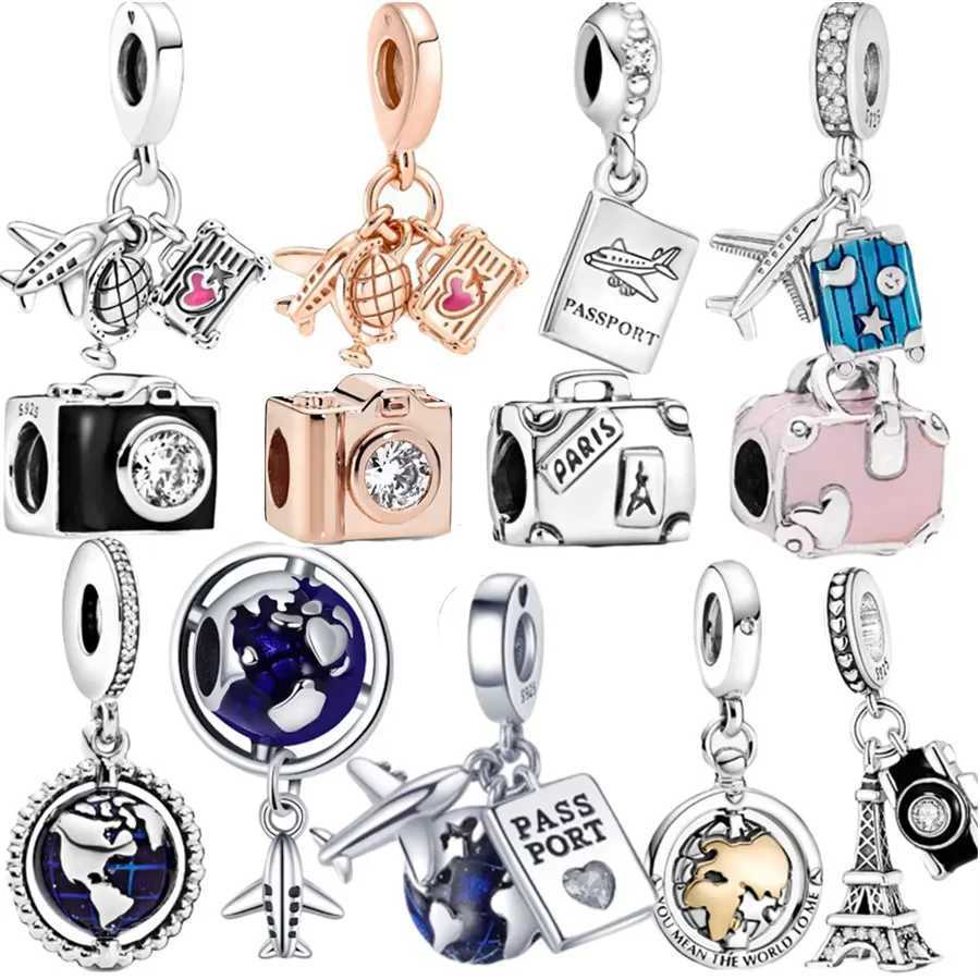 Hot Fit Original Silver 925 Pan Bracelet Pendant Aircraft Camera Trunk Globe Travel Round The World Beads DIY Charm Jewelry GiftXJ250517