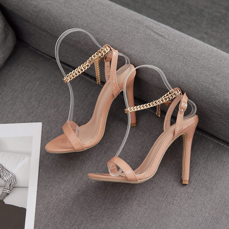 New Woman Heels Fashion Metal Chain Shoes Pointed High Heels Patent Leather White Pumps for Women High Heels Dress Shoes Z250212