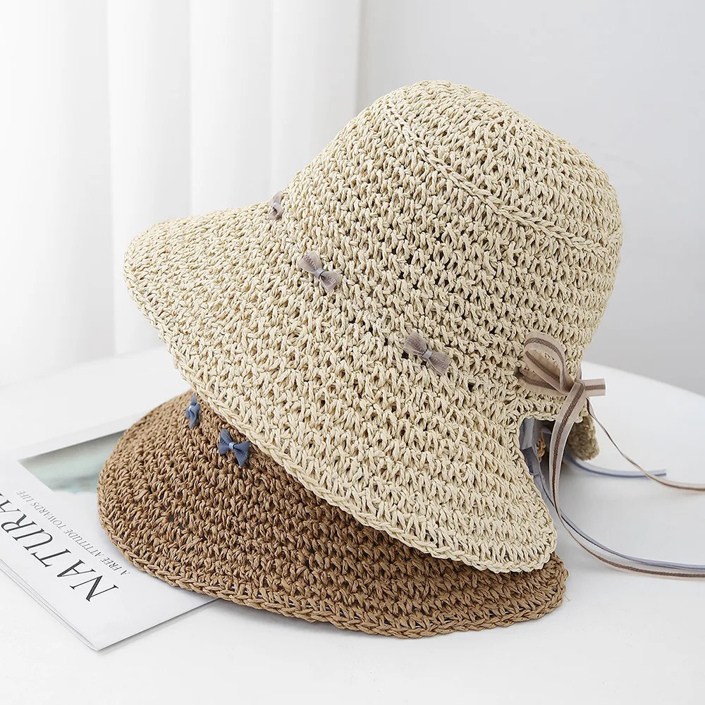 Bucket Hat Female Sunhat Womens Summer Ethnic Style Straw Big Brim Fisherman Cap Sunshade Beach Accessories Seaside 250517