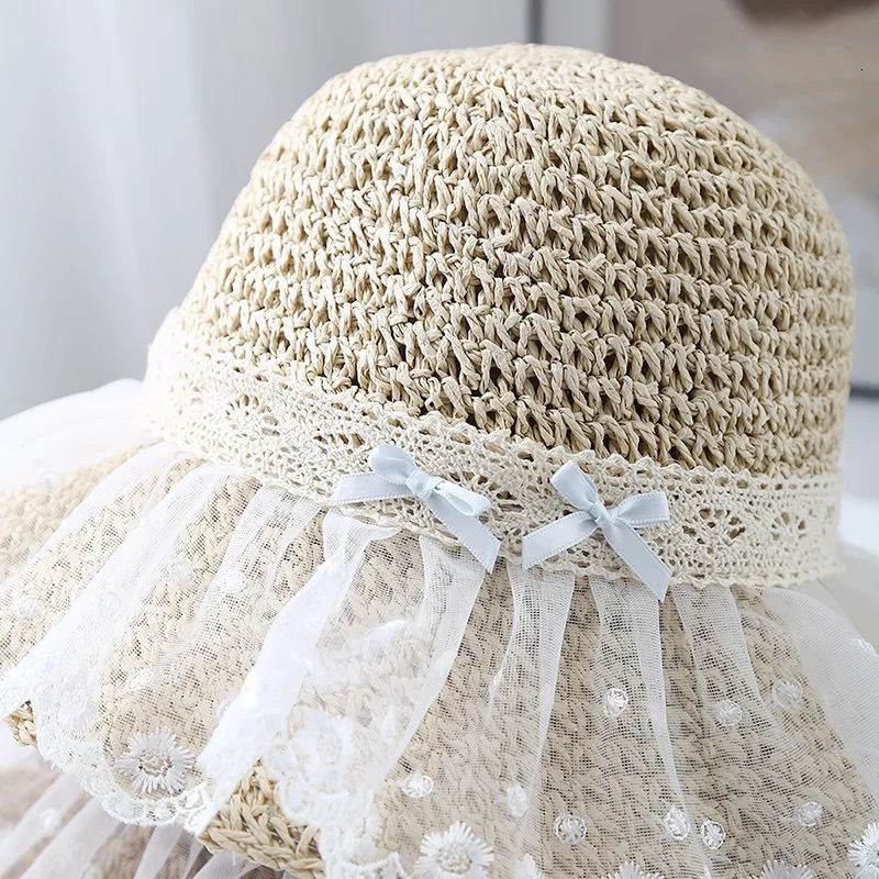 Womens Summer Hat Lace Bow Straw Sun Hat Fisherman Cap Wide Brim Sunscreen Bucket Hat Seaside Holiday Beach Accessories 250516