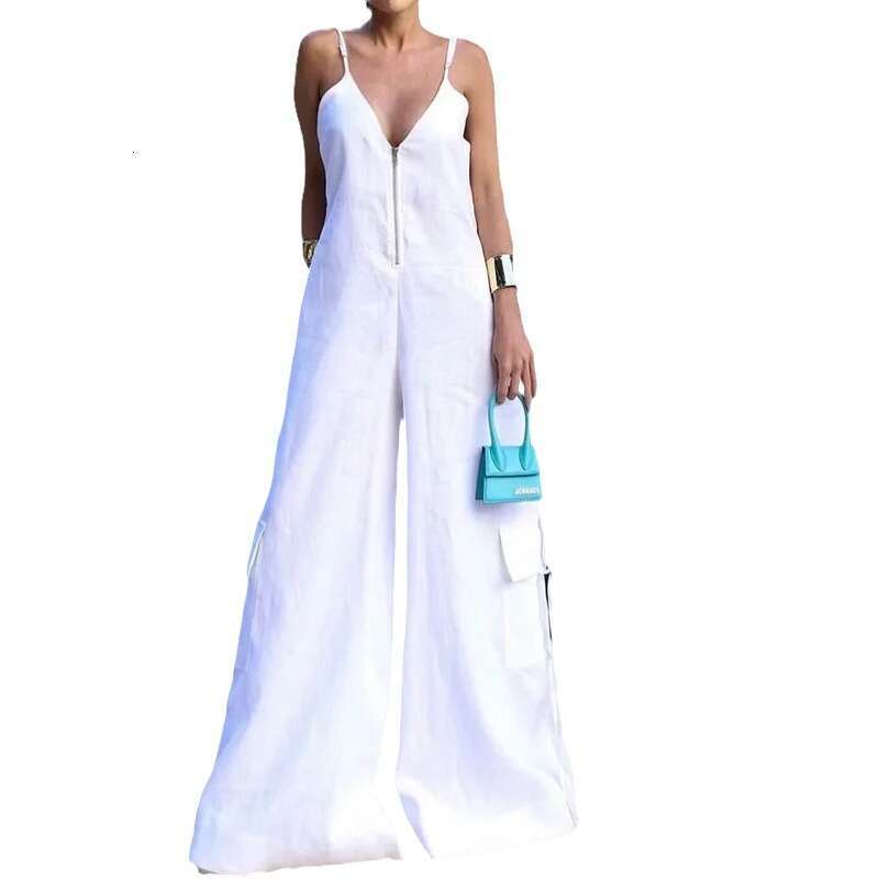 Wide Leg Jumpsuit Summer New Women S Solid Color Zipper Loose Wide Leg Strap Jumpsuit Pants