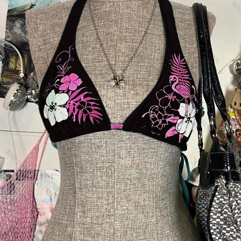 Y2k Vintage Flower Pattern Bikini Set Swimsuit Women Halter Triangle Lace Up Shorts Sexy Chic Split Bathing Suit 250516