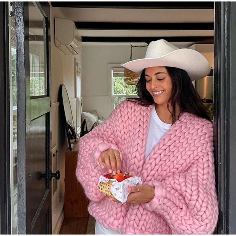 Chic Casual Coarse Noodle Cardigan Lantern Sleeve V Neck Sweater 2025 New Lady Commuter Winter Spring Knit Outerwear Designer