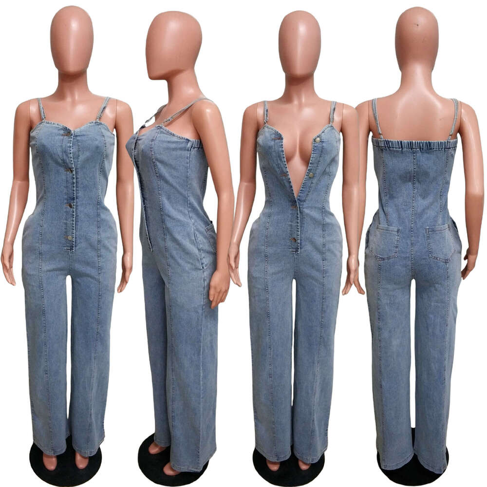 6988 platform women's fashion casual sexy suspender denim jumpsuit wide leg pants