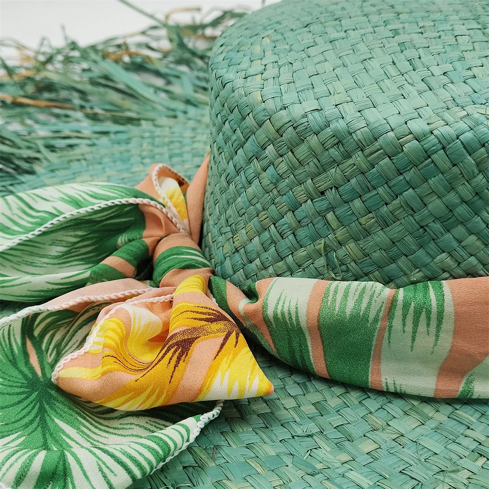 Fresh green wide brim hat hand-woven tassel straw hat ladies fashion sun hat natural raffia paper straw sun hat beach summer hat 250516