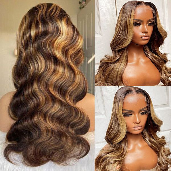 ViBESHiFT 16-32 Inch Human Hair 13x4 HD Transparent Ombre Highlight P4/27 Color Real Hair Toupee Wholesale for Women Daily Work Party Use Hot Sale