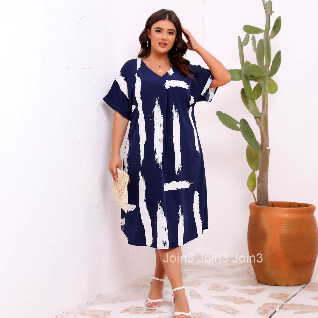 Large Size Womens Long Skirt V-neck Short Sleeved Printed Loose Dress