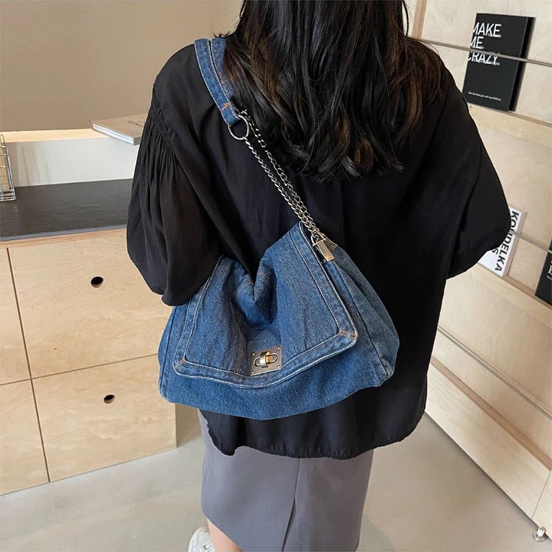 Denim Chain Crossbody Bag Casual Versatile Women Shoulder BagTrendy All-Match Tote Bag for Daily Travel Work 250516