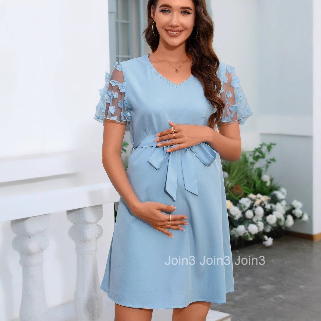 New Elegant Temperament Lace Flower Short Sleeved Patchwork Slim Fit Waist Belt V-neck Pregnant Woman