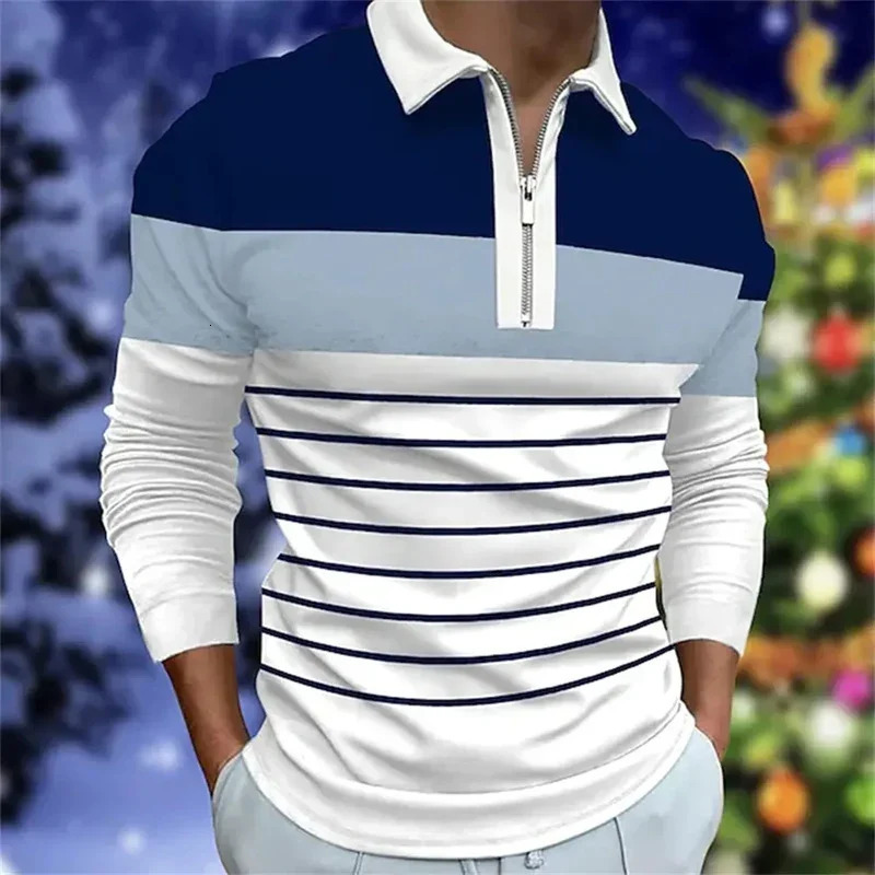 Spring Autumn Mens Long Sleeve Tops Polo Shirt Zipper Casual Fashion Stripe Golf 250506Z