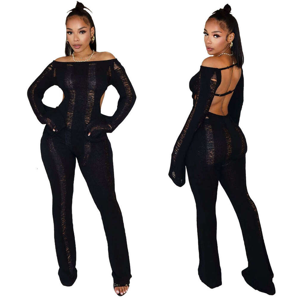 Wide Leg Jumpsuit S Women S Fashion Casual Hollow Hole Open Back Knitted Wrap Hip Slim Fit Jumpsuit