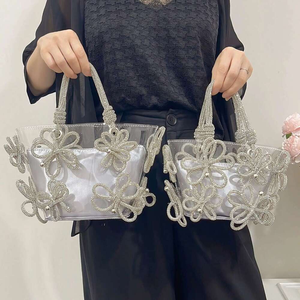 Dia Flower Basket PVC Clear Handbags Designer Crystal Shoulder Bag Rhinestone Bucket Bags for Women Clutch