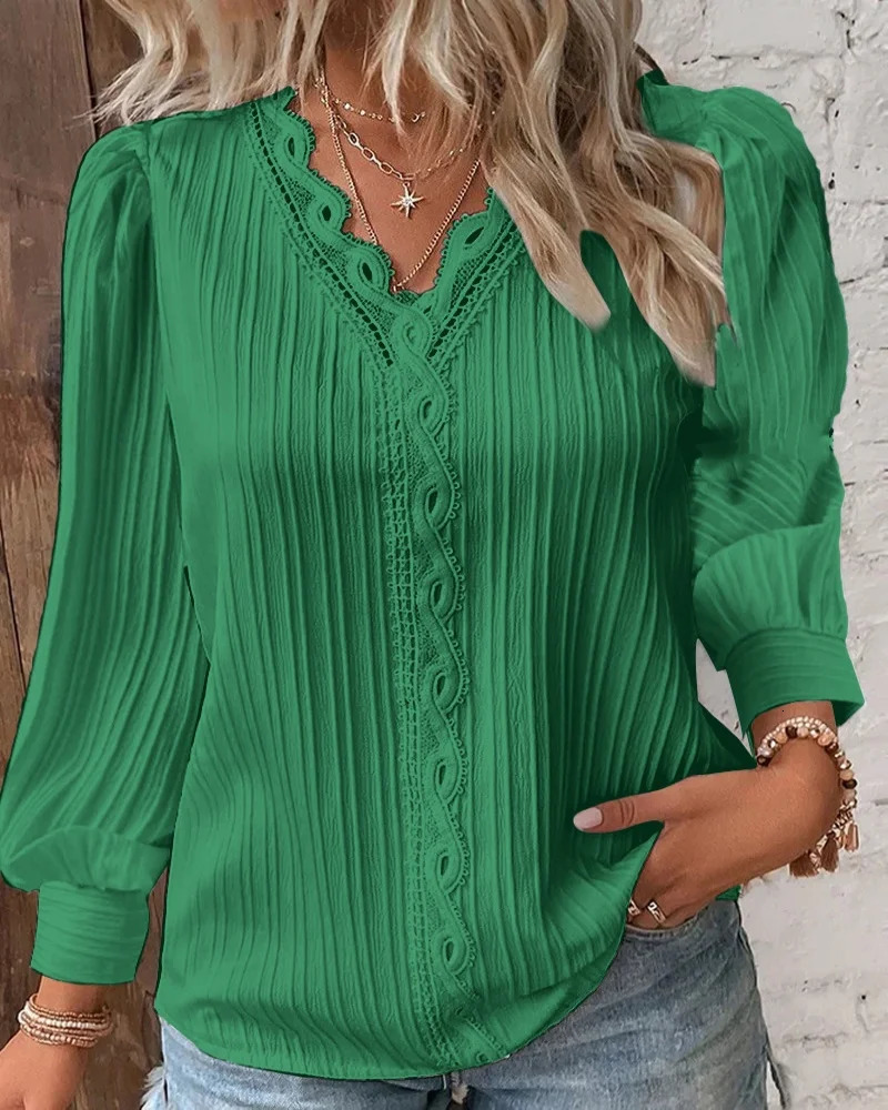 Elegant Summer Hollow Lace Patchwork Women Shirt Chic Blouse V Neck Long Sleeve Shirt Plain Lace Casual Basic Regular Tops 250517