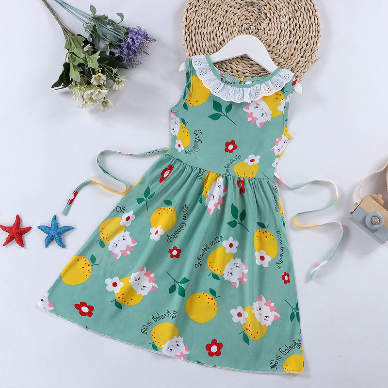 New Summer Outerwear Dress Cartoon Cotton Silk Sleeveless Girls Floral Skirt Thin Summer Loose Princess Dreamland 220422