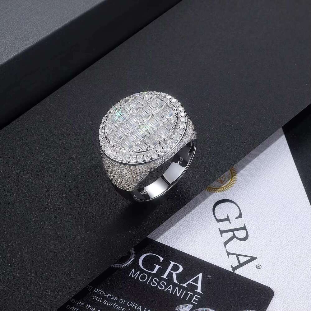 Full ice out long stick bread with sandstone ring S pure silver gold-plated men's hip-hop rapper jewelry