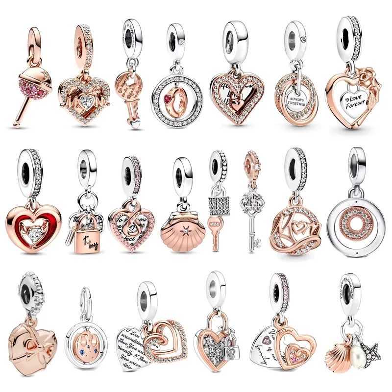 European Sparkling Rose Gold Infinity Heart Lollipop Key Dangle Charm Bead DIY Jewelry Fit Original 925 Sterling Silver BraceletXJ250517