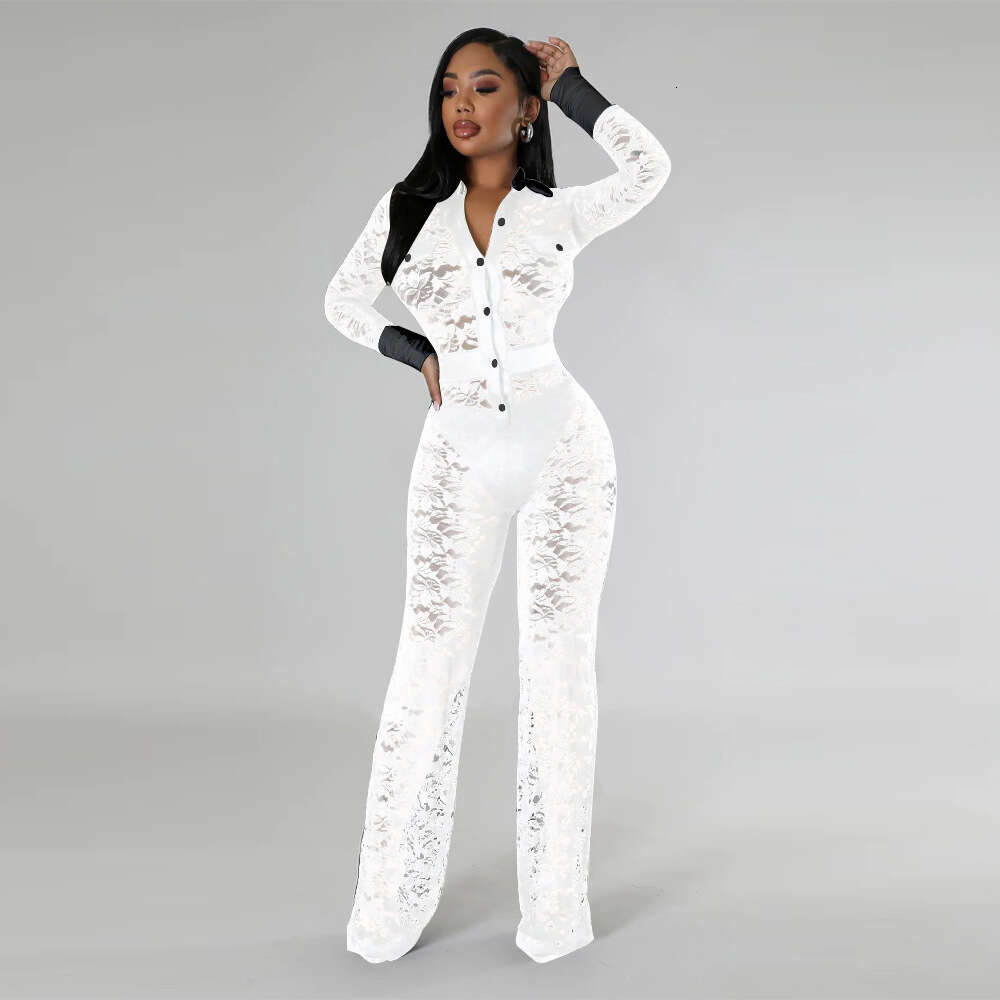 Wide Leg Jumpsuit K Fashionable Women S Lace Contrasting Patchwork Jumpsuit New
