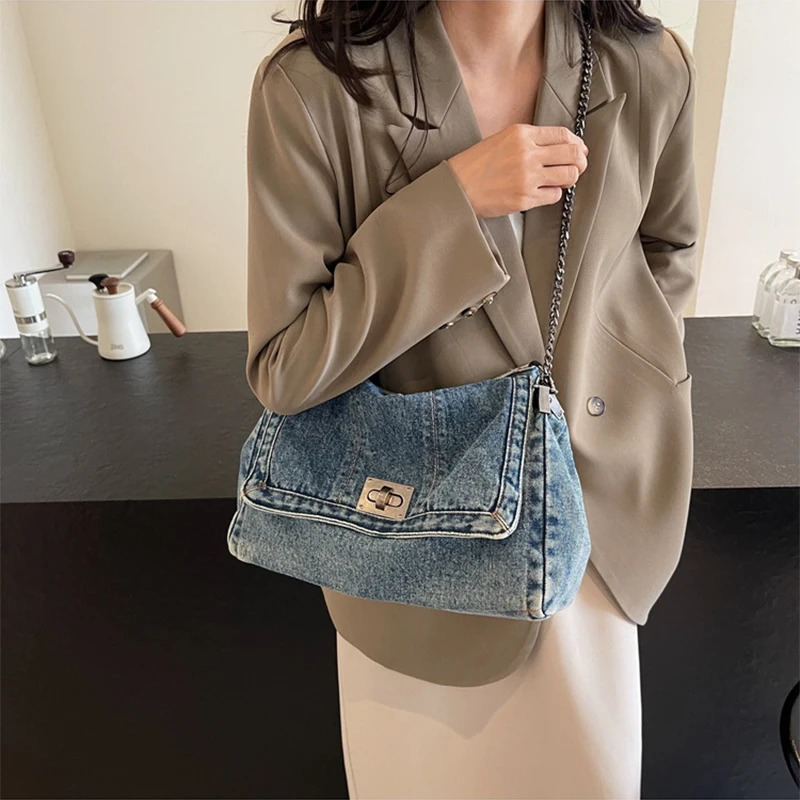 Denim Chain Crossbody Bag Casual Versatile Women Shoulder BagTrendy All-Match Tote Bag for Daily Travel Work 250516