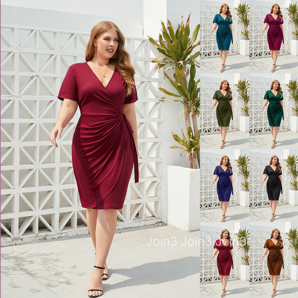 Large Size Womens Solid Color Casual Vacation Dress with Straps V-neck Mid Length Dress for Vacation