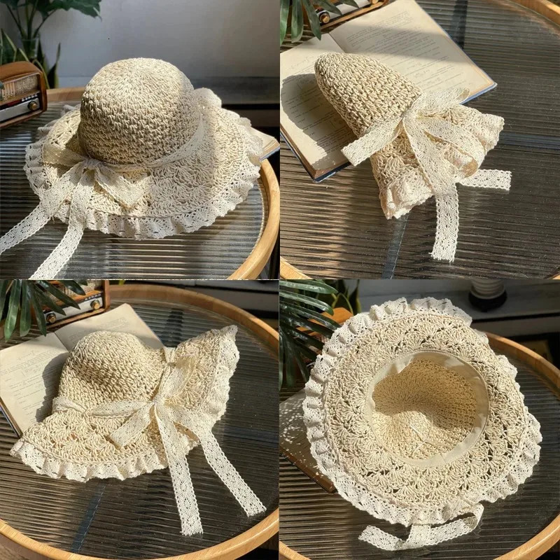 Summer Foldable Lace Edge Straw Hat for Womens Handwoven Cute Bow Sunshade Hat for Vacation Beach Hat 2025 250516
