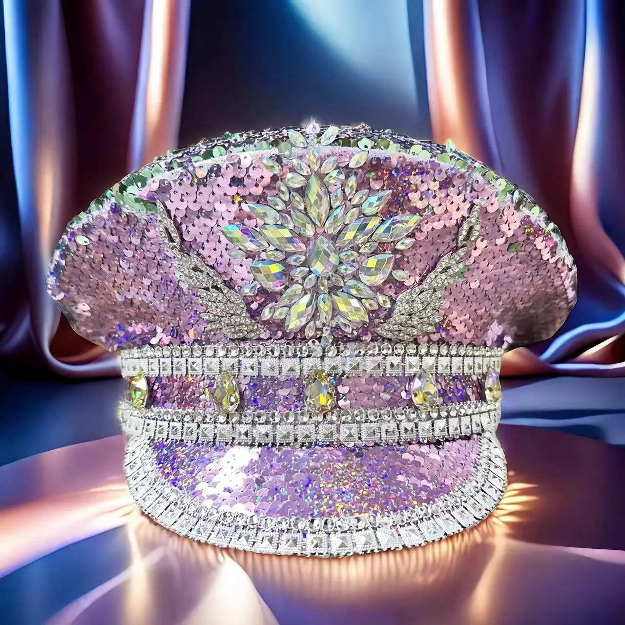 HongLuan BluePurple Bling Steampunk Captain Hat Rhinestones for Woman Burning Man Military Assessories Hats 250517