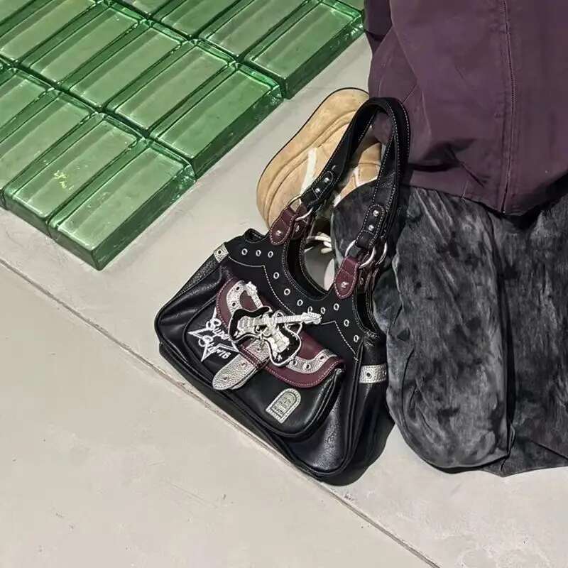 Gothic Punk Y2k One Shoulder Tote Haruku Aesthetic Leather Patchwork Casual Handbag Female Vintage Black Bags