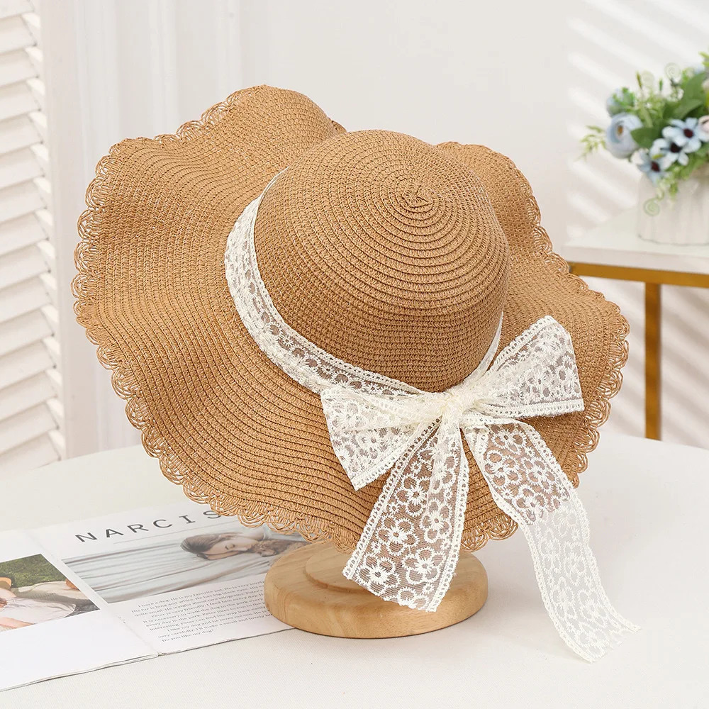 Womens Large Brim Straw Sun Hat French Style Spring Summer Beach Trendy Sun Protection with Butterfly Knot Detail 250516