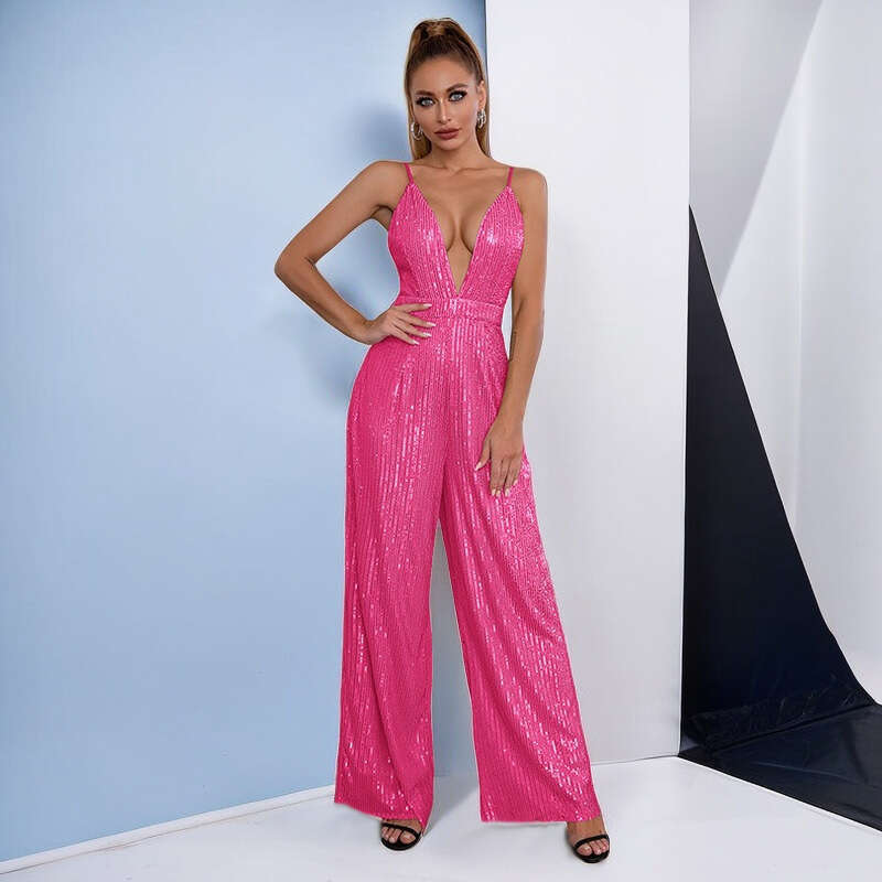 Wide Leg Jumpsuit Women S New Sequin Sleeveless Jumpsuit Spicy Girl Deep V Backless Suspender Jumpsuit For Women
