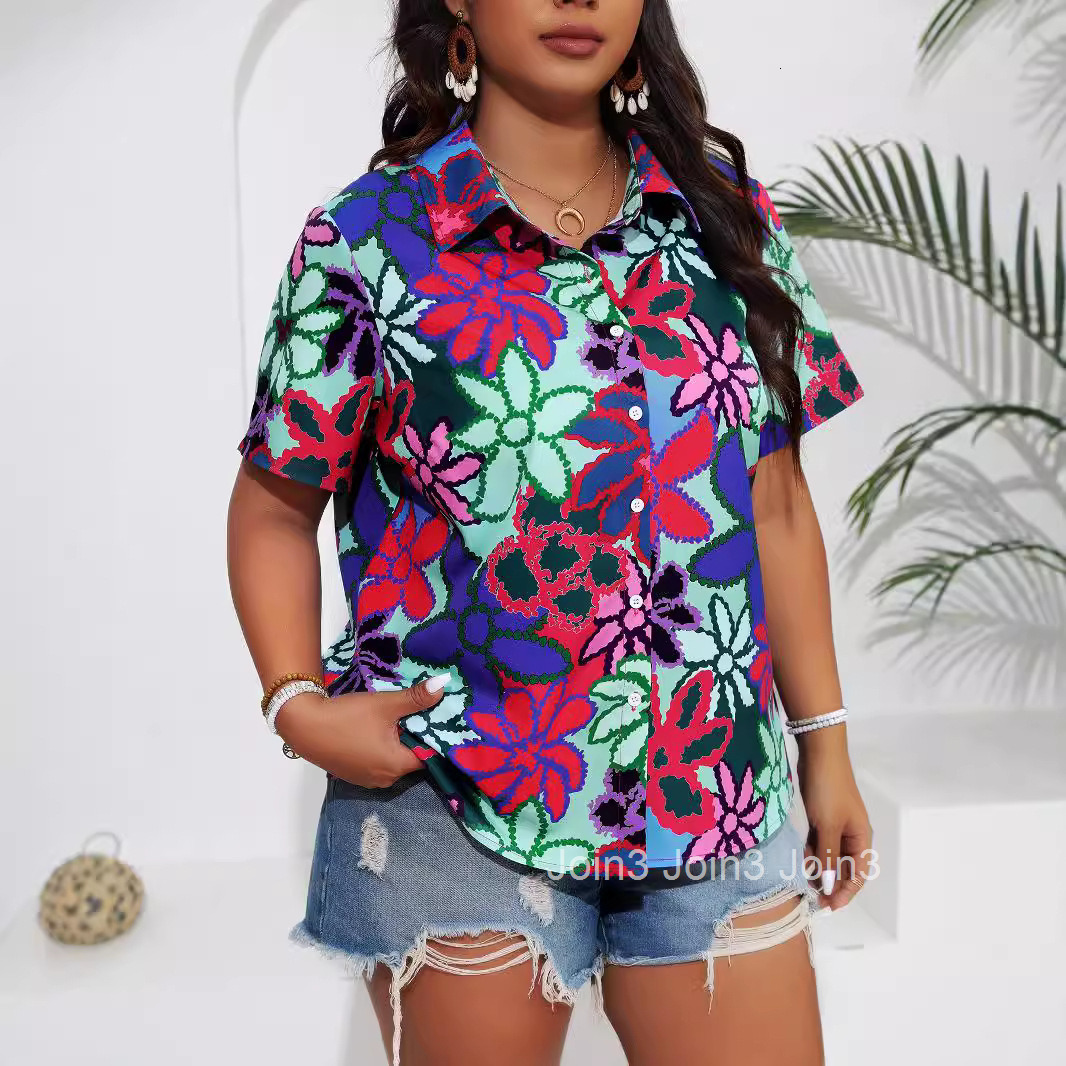 Large Size Womens Summer Soft and Cool Digital Printed Buckle Style Short Sleeved Shirt